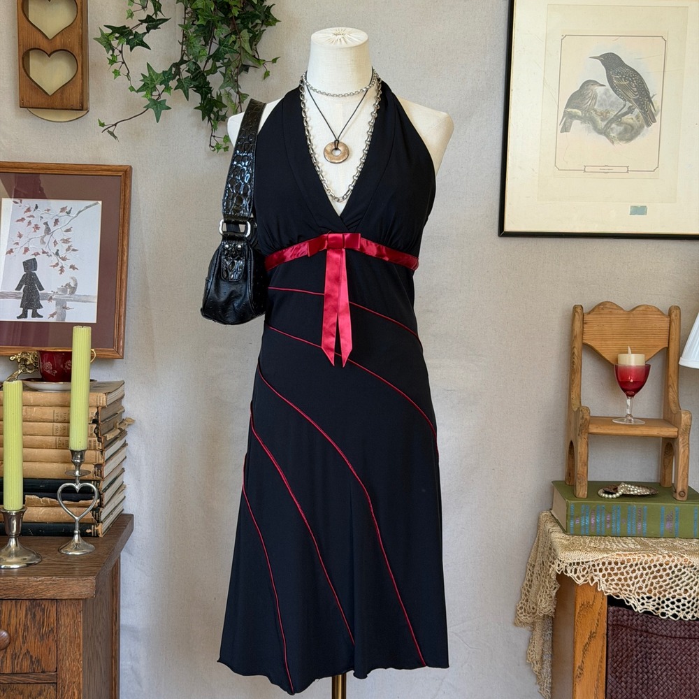 Black Red Ribbon Halter Dress Goth Whimsigoth Y2K Vintage Size L